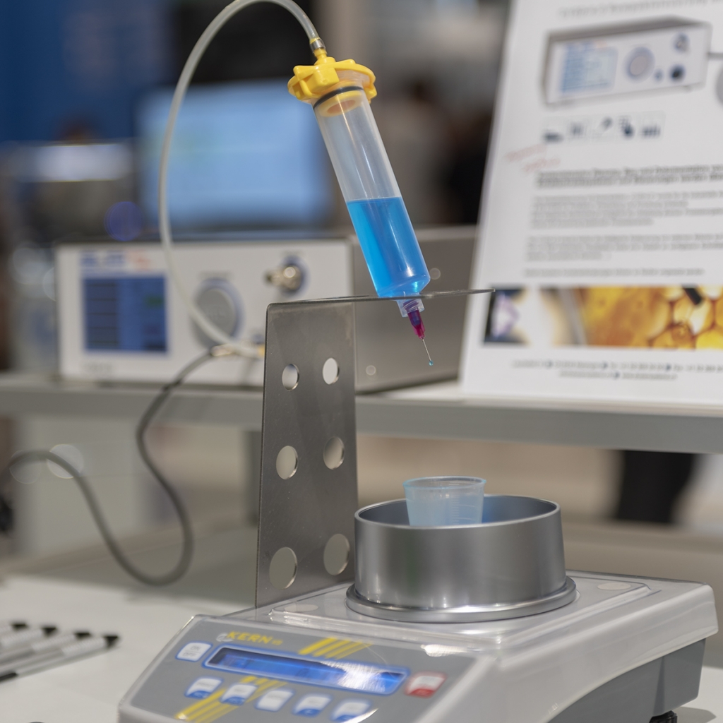 30cc Kartusche mit Dosiernadel, verbunden über einen Kartuschenadapter mit einer C100-4.0 Kompaktsteuerung, während die Füllmenge auf einer Waage gewogen wird.